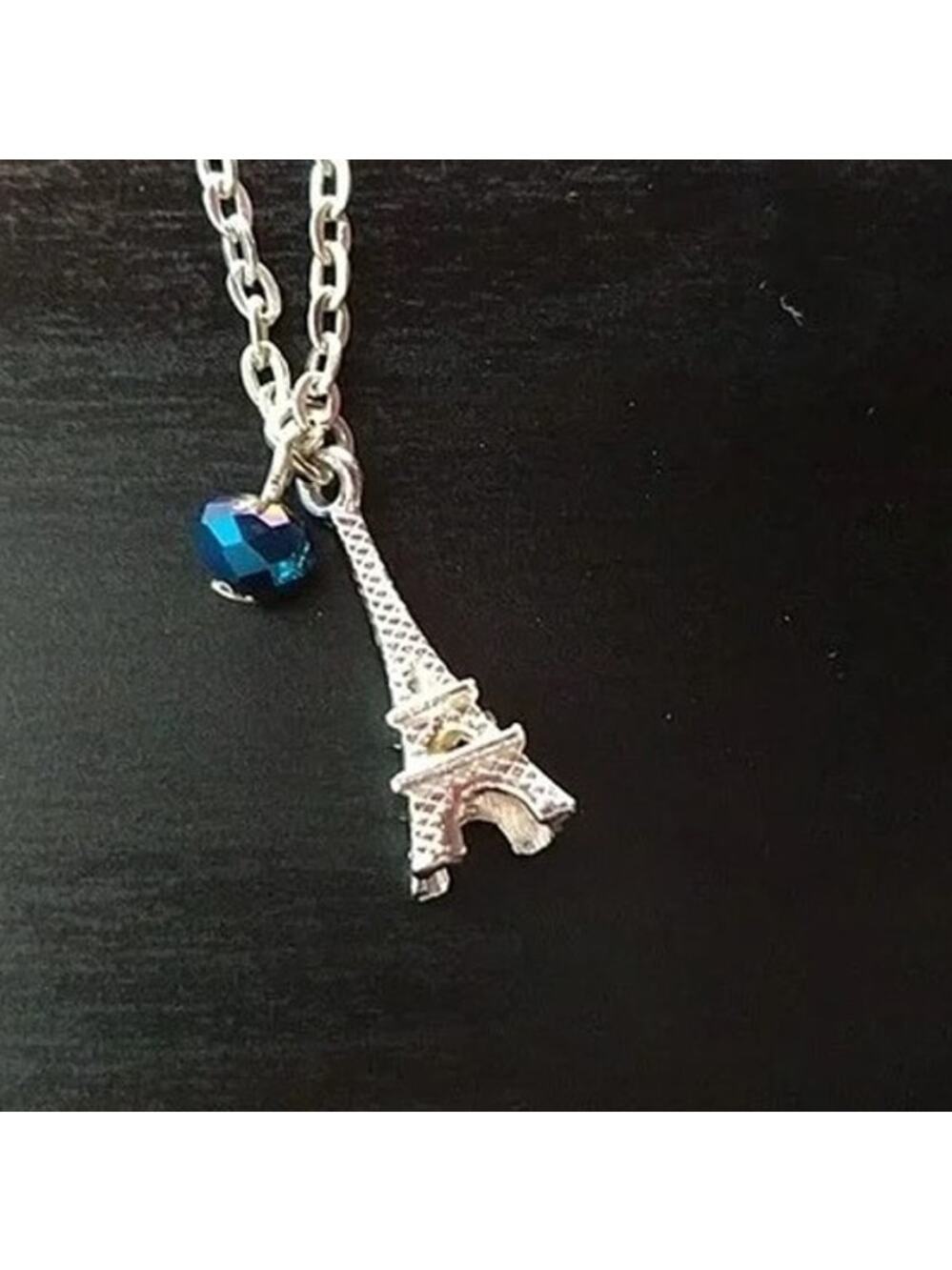 Anklet Eiffel Tower blue iridescent bead 9" silver new old stock fashion jewelry